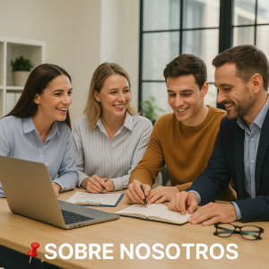 Equipo de trabajo colaborando en oficina representando la sección Sobre Nosotros